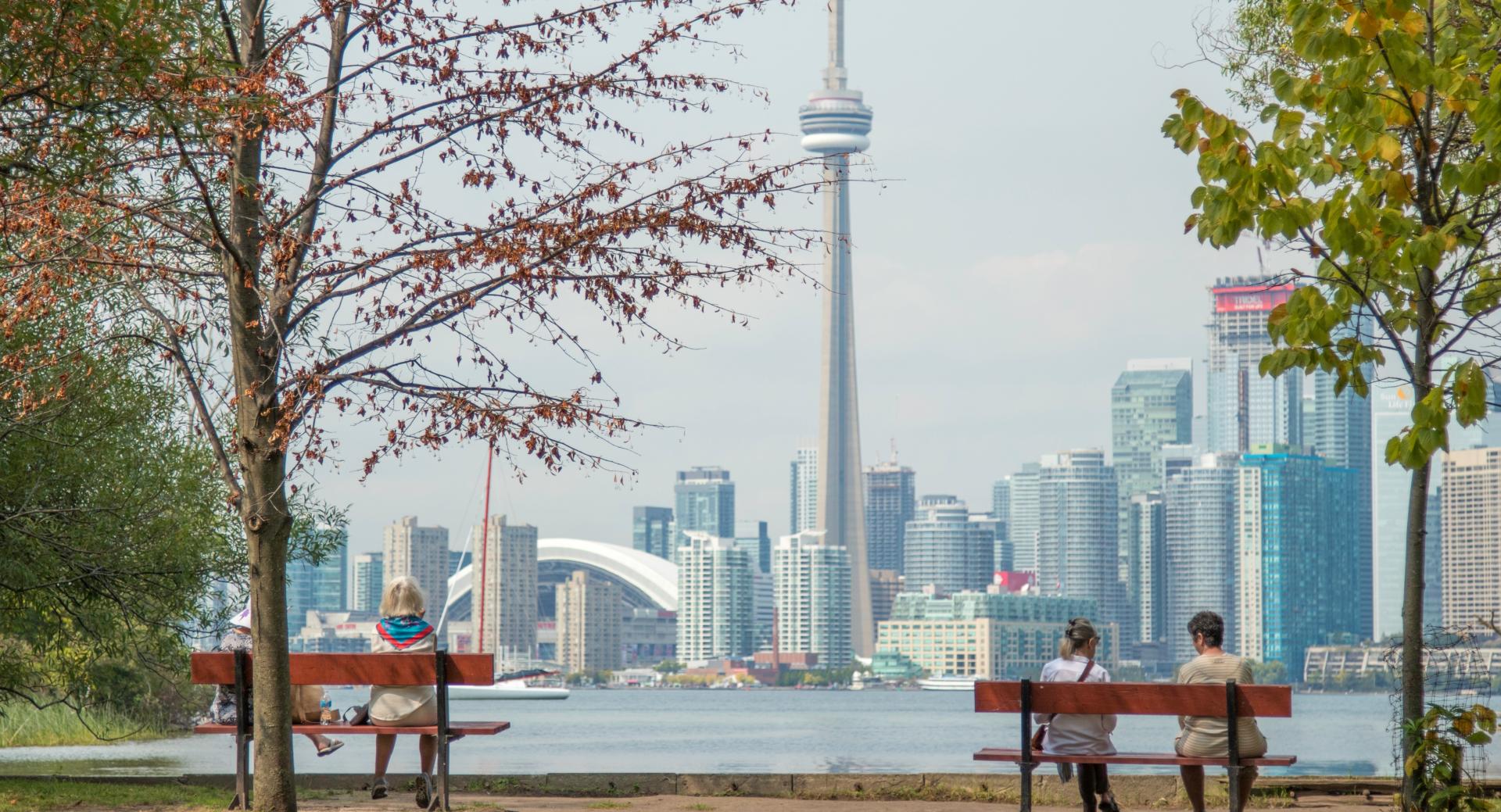 Photograph of Toronto's CN Tower from the perspective of the Toronto Islands